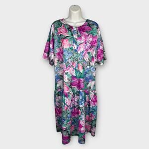 90s Village Flair Tropical Floral Drop Waist Nightgown House Dress Muu Muu XL